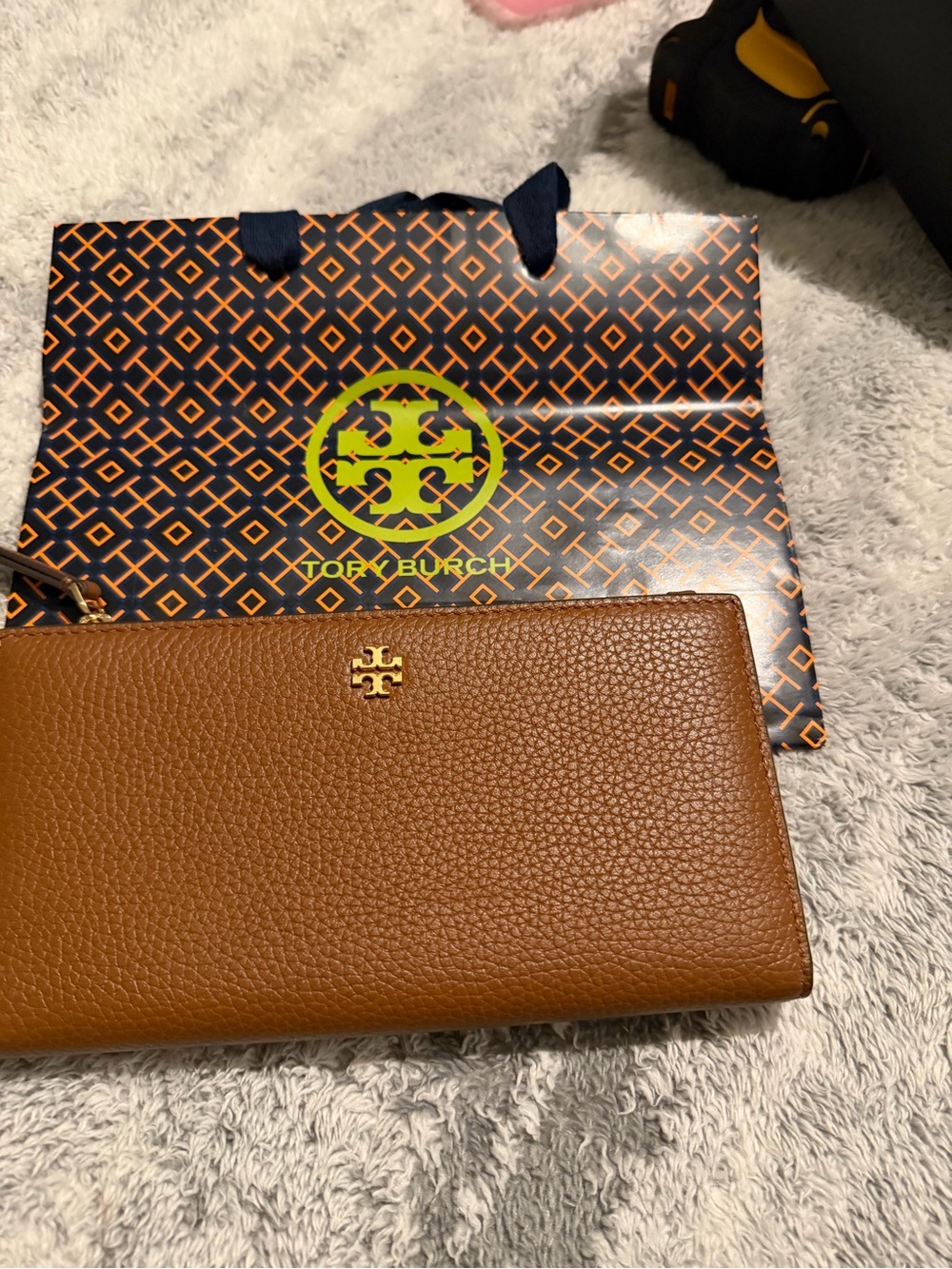 Tory Burch Cognac Pebbled Leather Zip Clutch Wallet with Gold Logo